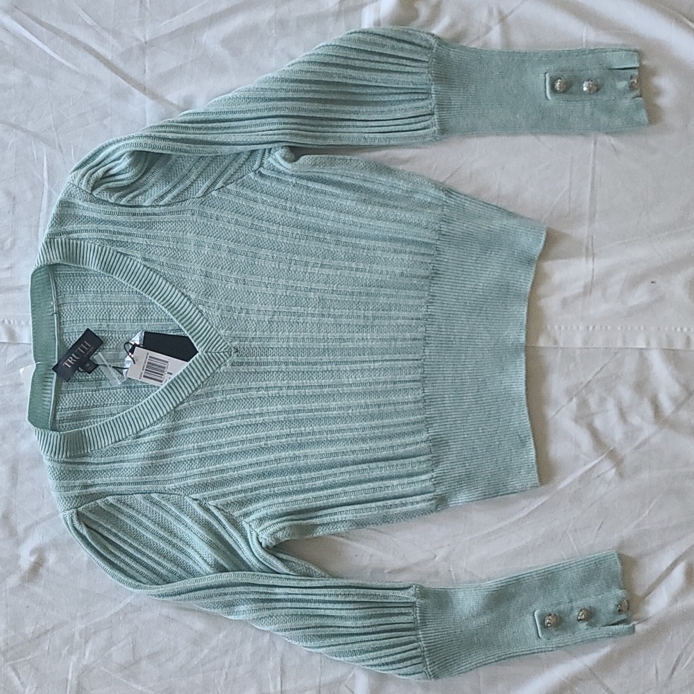TRUTH aqua blue green wool blend sweater v-neck medium